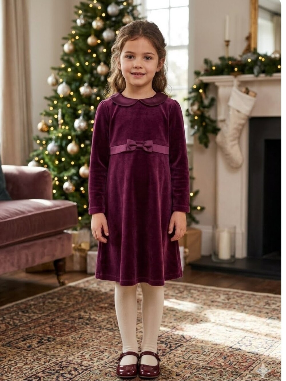 Savannah  Velvet Bow-Applique Long-Sleeve Girls  Dress in Plum Sz 5